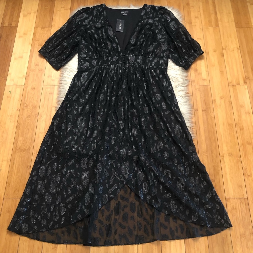 City Chic Black Metallic Leopard Sheer High-Low Faux Wrap Maxi Dress size M NWT